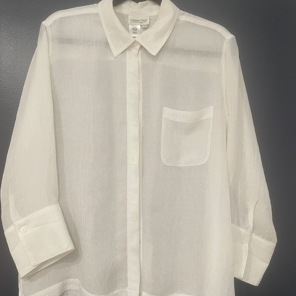 Coldwater Creek Sheer 3/4 Sleeve Basic White Top
